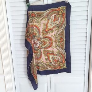 Silk Scarf, Deep Blue Border, Detailed Paisley on Pink‎ Background, Vintage